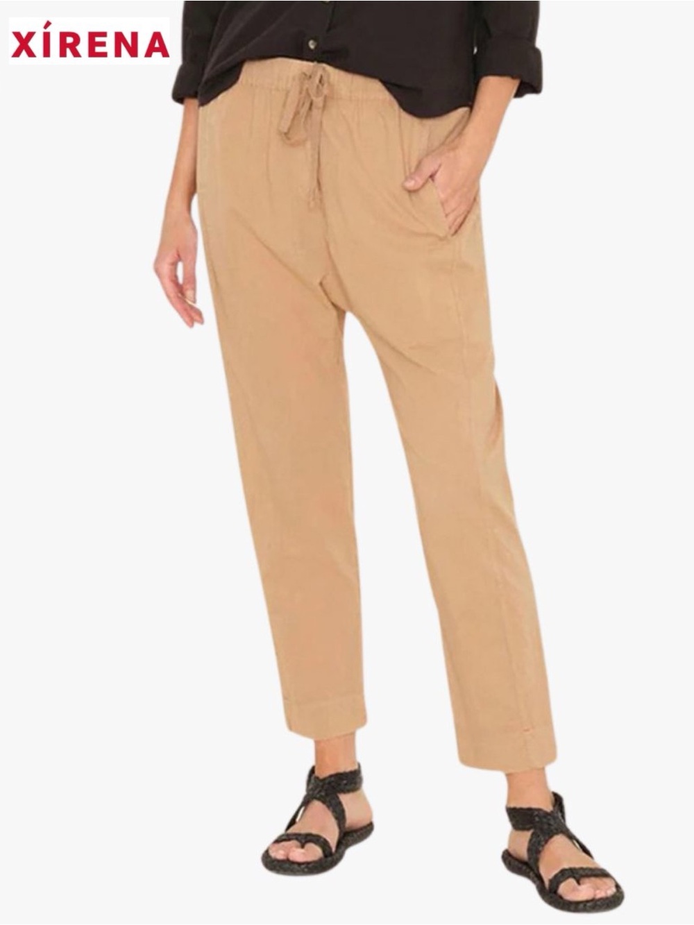 Xírena Draper Pants L Tan Cotton Poplin Elastic Waist Jogger Tapered USA
